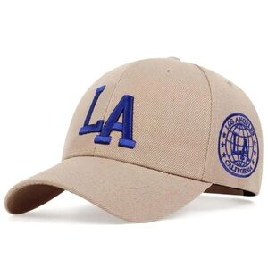 Adjustable Beige + Blue Embroidered Letter ‘LA’ Baseball Cap OS New
